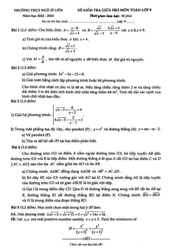 Đề giữa học kì 2 Toán 9 năm 2022 – 2023 trường THCS Ngô Sĩ Liên – Hà Nội
