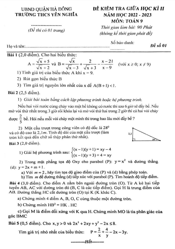 Đề giữa học kì 2 Toán 9 năm 2022 – 2023 trường THCS Yên Nghĩa – Hà Nội
