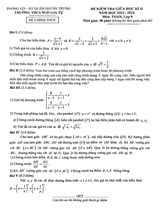 Đề giữa học kì 2 Toán 9 năm 2023 – 2024 trường THCS Ngô Gia Tự – Hà Nội