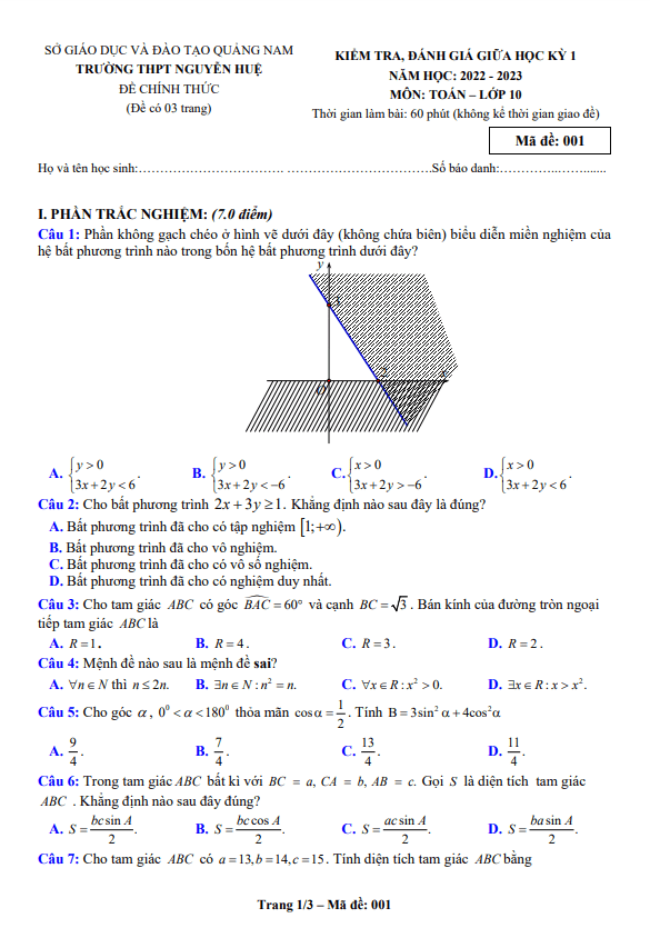 Đề giữa học kỳ 1 Toán 10 năm 2022 – 2023 trường THPT Nguyễn Huệ – Quảng Nam