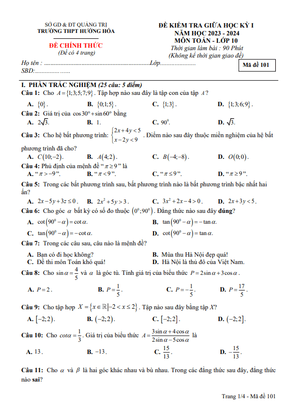 Đề giữa học kỳ 1 Toán 10 năm 2023 – 2024 trường THPT Hướng Hóa – Quảng Trị