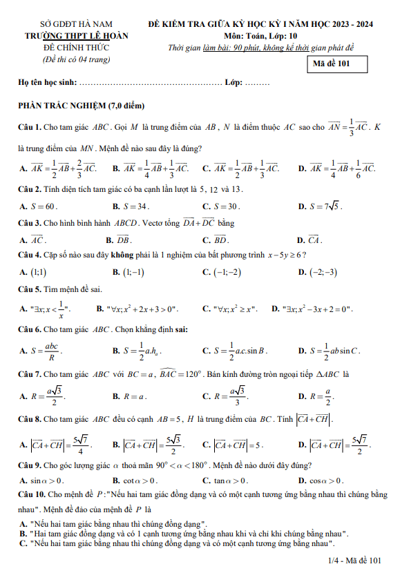 Đề giữa học kỳ 1 Toán 10 năm 2023 – 2024 trường THPT Lê Hoàn – Hà Nam