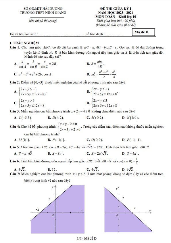 Đề giữa học kỳ 1 Toán 10 năm 2023 – 2024 trường THPT Ninh Giang – Hải Dương