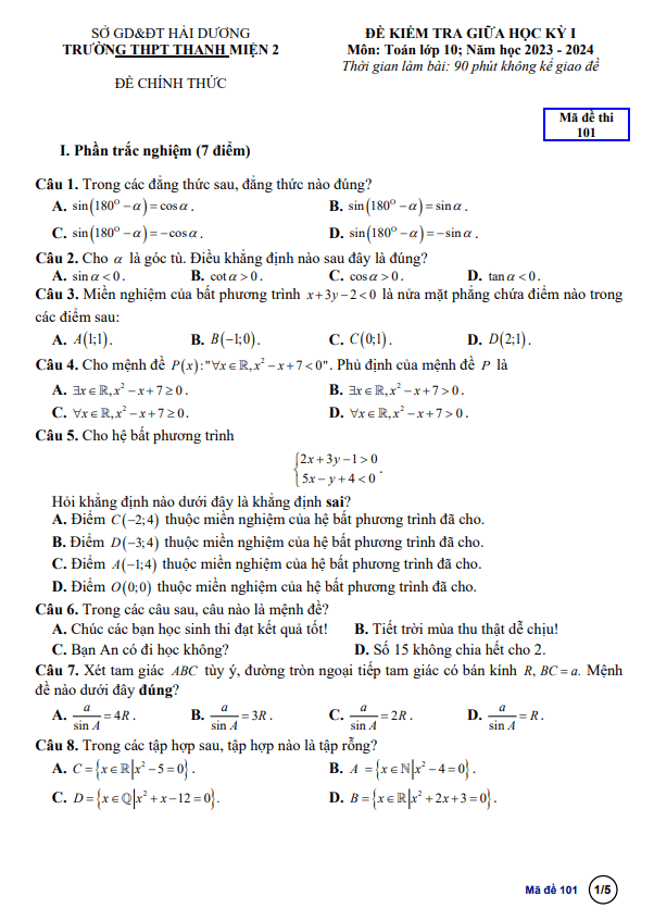 Đề giữa học kỳ 1 Toán 10 năm 2023 – 2024 trường THPT Thanh Miện 2 – Hải Dương