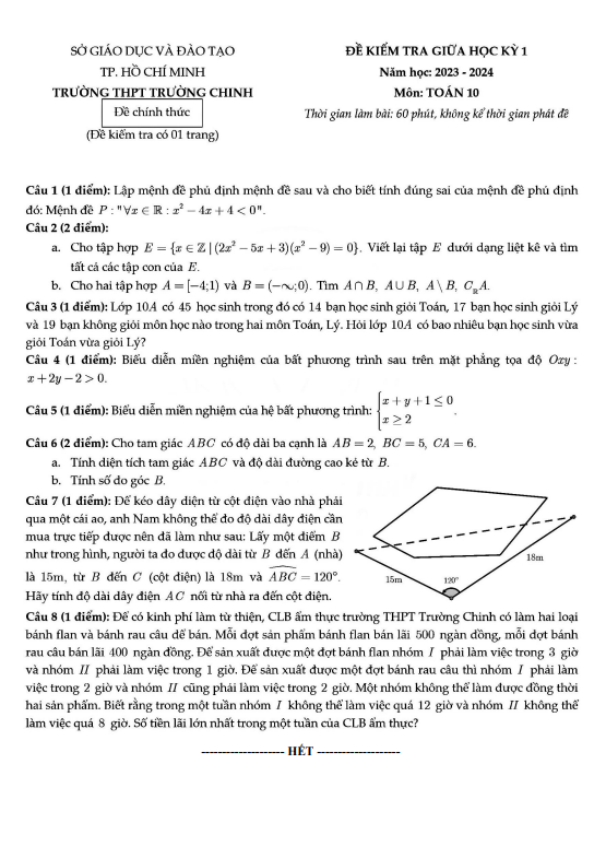 Đề giữa học kỳ 1 Toán 10 năm 2023 – 2024 trường THPT Trường Chinh – TP HCM