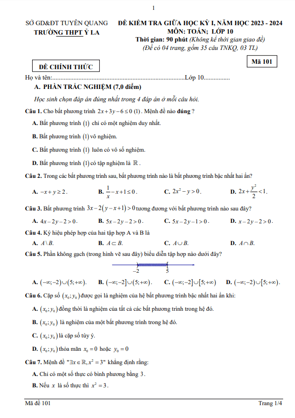 Đề giữa học kỳ 1 Toán 10 năm 2023 – 2024 trường THPT Ỷ La – Tuyên Quang