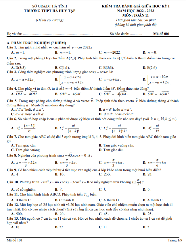 Đề giữa học kỳ 1 Toán 11 năm 2022 – 2023 trường THPT Hà Huy Tập – Hà Tĩnh