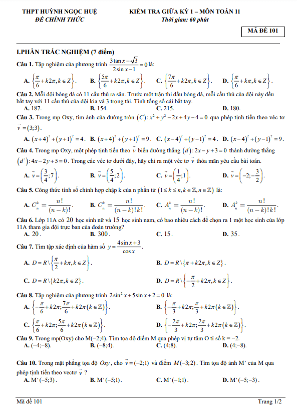 Đề giữa học kỳ 1 Toán 11 năm 2022 – 2023 trường THPT Huỳnh Ngọc Huệ – Quảng Nam
