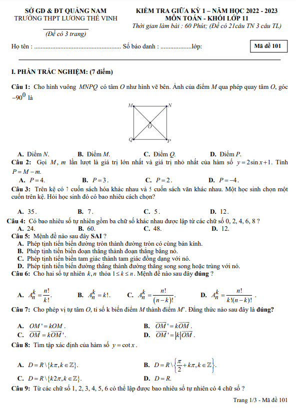 Đề giữa học kỳ 1 Toán 11 năm 2022 – 2023 trường THPT Lương Thế Vinh – Quảng Nam
