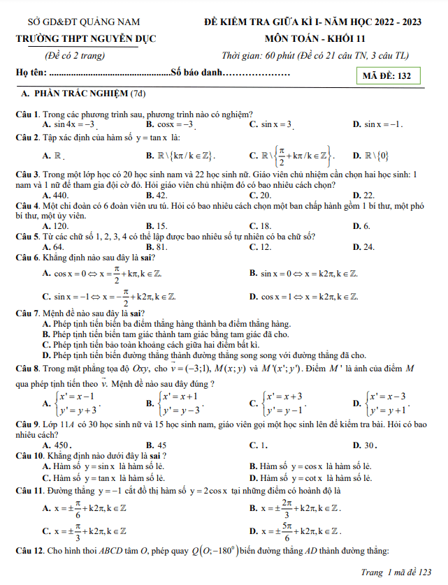 Đề giữa học kỳ 1 Toán 11 năm 2022 – 2023 trường THPT Nguyễn Dục – Quảng Nam
