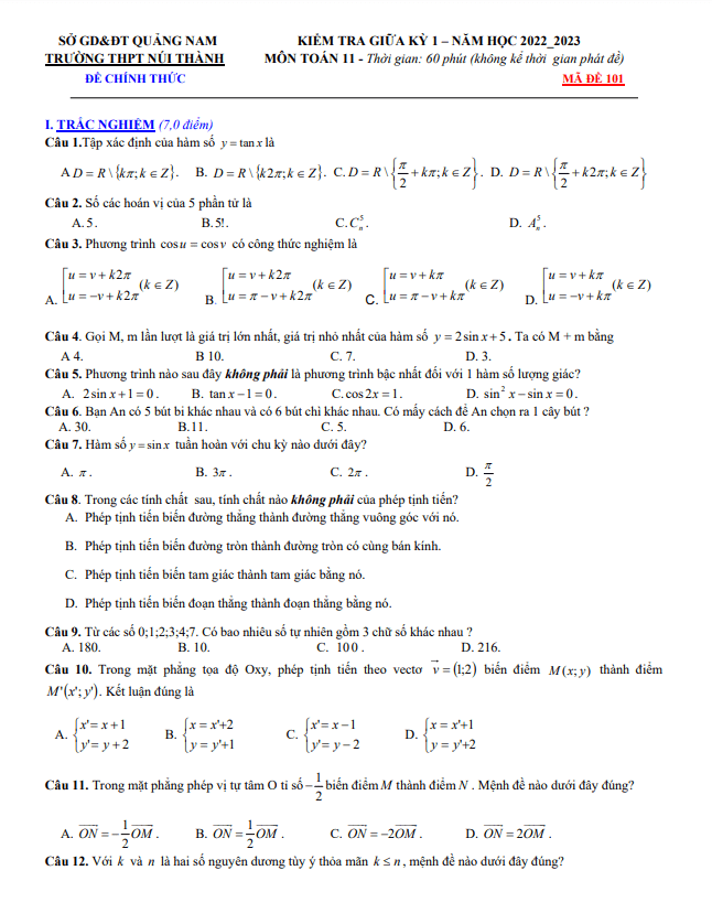 Đề giữa học kỳ 1 Toán 11 năm 2022 – 2023 trường THPT Núi Thành – Quảng Nam