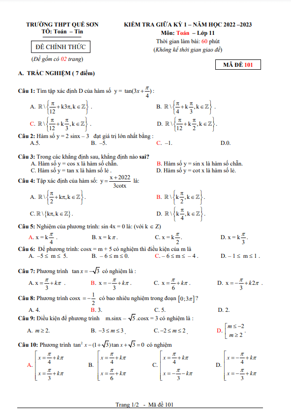 Đề giữa học kỳ 1 Toán 11 năm 2022 – 2023 trường THPT Quế Sơn – Quảng Nam