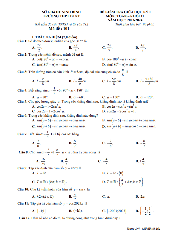 Đề giữa học kỳ 1 Toán 11 năm 2023 – 2024 trường THPT DTNT Ninh Bình