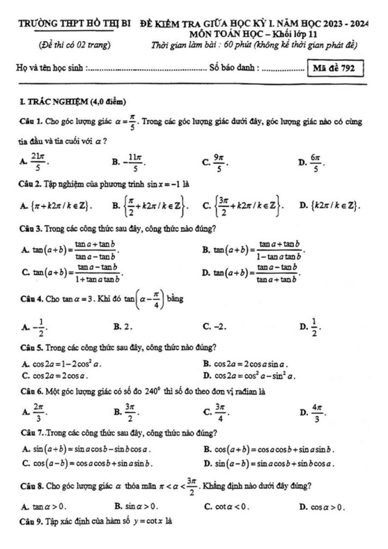 Đề giữa học kỳ 1 Toán 11 năm 2023 – 2024 trường THPT Hồ Thị Bi – TP HCM