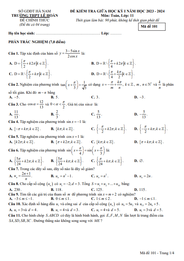 Đề giữa học kỳ 1 Toán 11 năm 2023 – 2024 trường THPT Lê Hoàn – Hà Nam