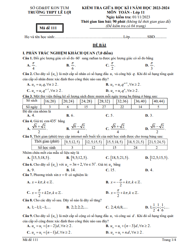 Đề giữa học kỳ 1 Toán 11 năm 2023 – 2024 trường THPT Lê Lợi – Kon Tum