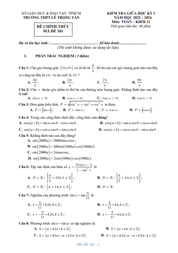 Đề giữa học kỳ 1 Toán 11 năm 2023 – 2024 trường THPT Lê Trọng Tấn – TP HCM