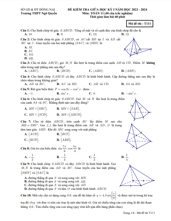 Đề giữa học kỳ 1 Toán 11 năm 2023 – 2024 trường THPT Ngô Quyền – Đồng Nai