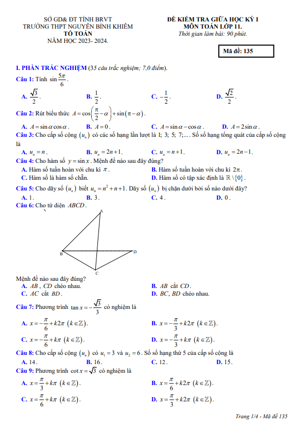 Đề giữa học kỳ 1 Toán 11 năm 2023 – 2024 trường THPT Nguyễn Bỉnh Khiêm – BR VT