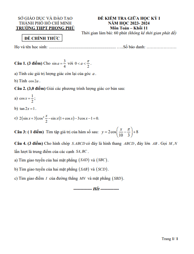 Đề giữa học kỳ 1 Toán 11 năm 2023 – 2024 trường THPT Phong Phú – TP HCM