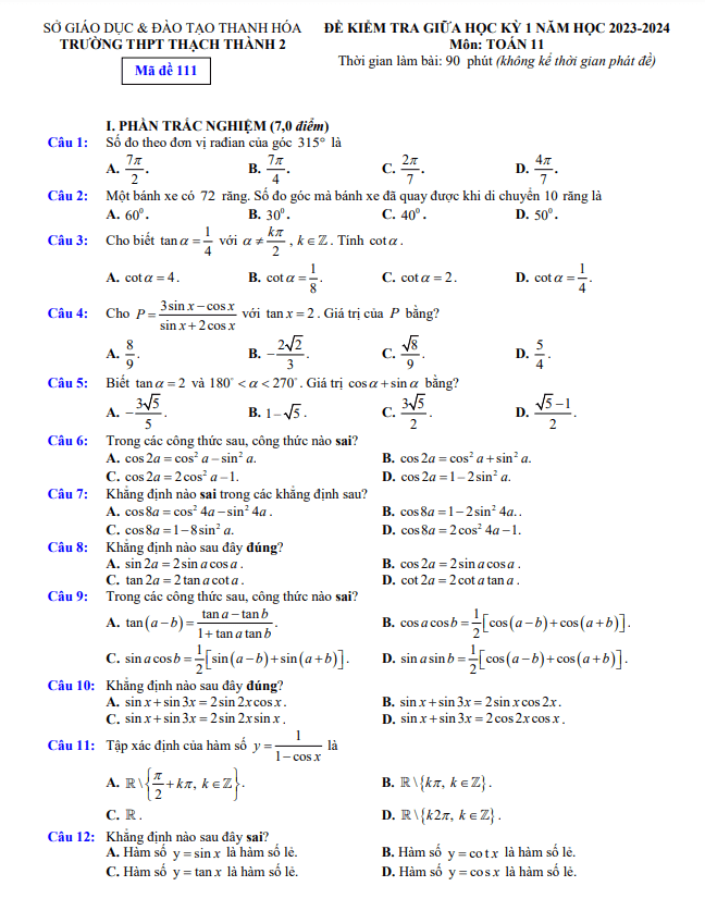 Đề giữa học kỳ 1 Toán 11 năm 2023 – 2024 trường THPT Thạch Thành 2 – Thanh Hóa