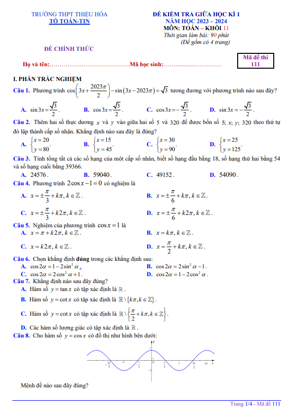 Đề giữa học kỳ 1 Toán 11 năm 2023 – 2024 trường THPT Thiệu Hóa – Thanh Hóa