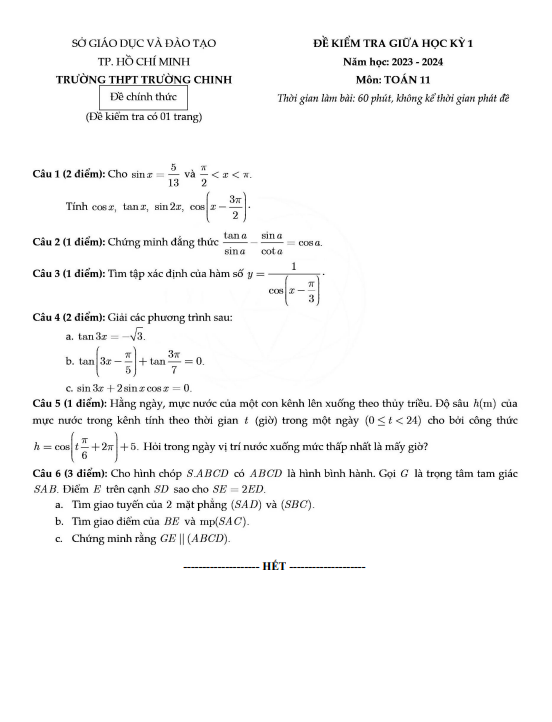 Đề giữa học kỳ 1 Toán 11 năm 2023 – 2024 trường THPT Trường Chinh – TP HCM