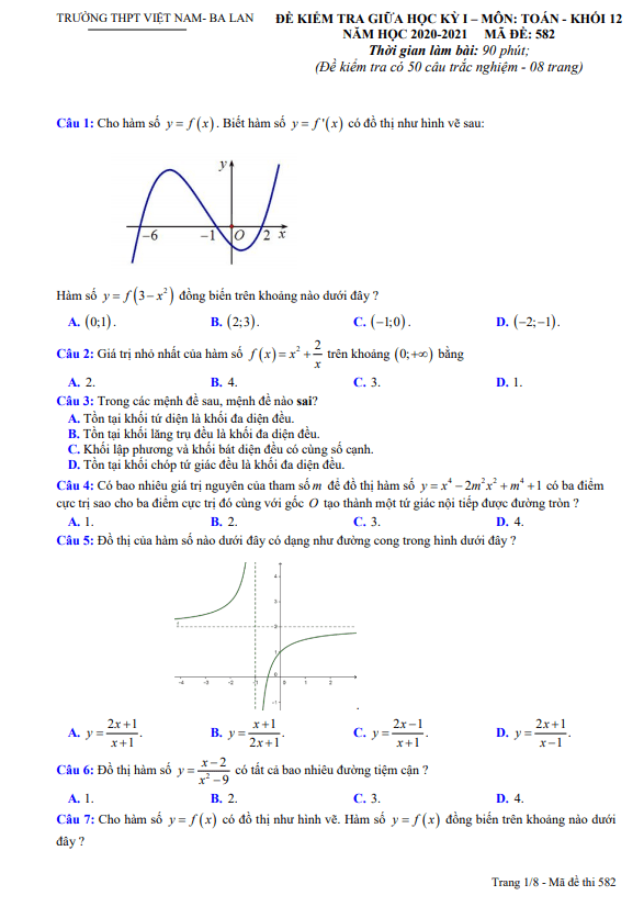 Đề giữa học kỳ 1 Toán 12 năm 2020 – 2021 trường THPT Việt Nam – Ba Lan – Hà Nội
