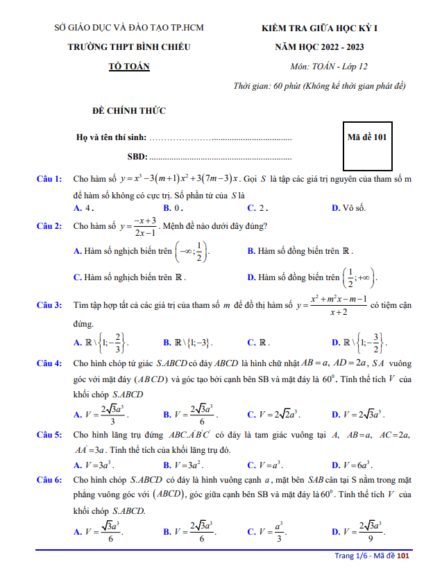 Đề giữa học kỳ 1 Toán 12 năm 2022 – 2023 trường THPT Bình Chiểu – TP HCM