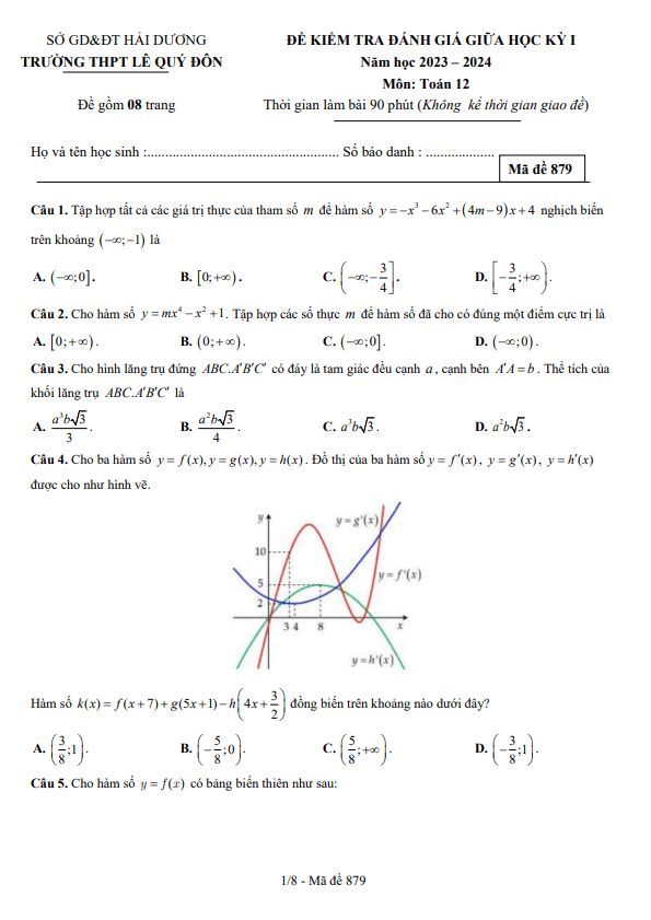 Đề giữa học kỳ 1 Toán 12 năm 2023 – 2024 trường THPT Lê Quý Đôn – Hải Dương
