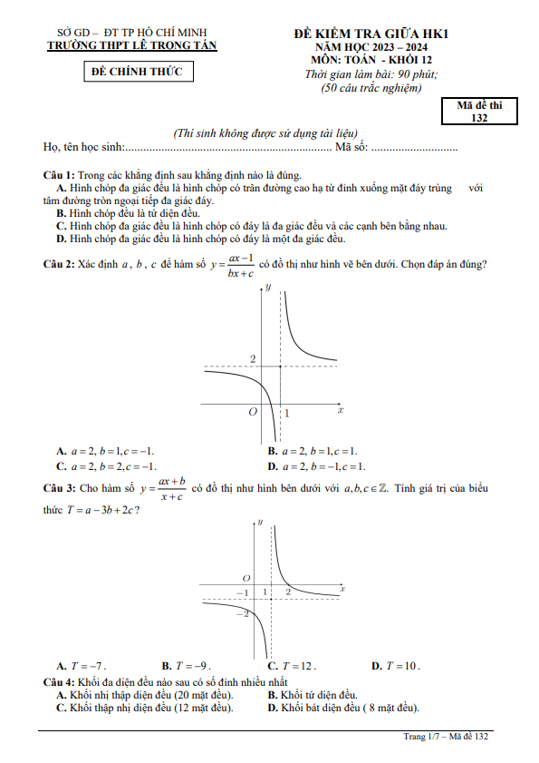 Đề giữa học kỳ 1 Toán 12 năm 2023 – 2024 trường THPT Lê Trọng Tấn – TP HCM