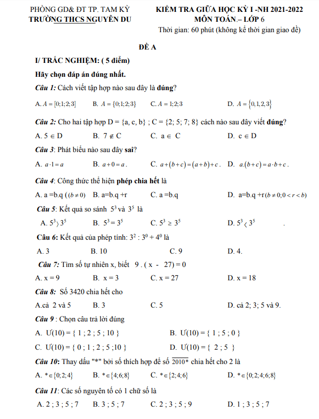 Đề giữa học kỳ 1 Toán 6 năm 2021 – 2022 trường THCS Nguyễn Du – Quảng Nam