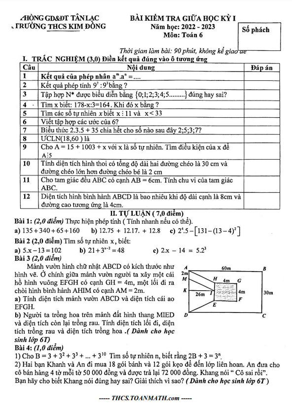 Đề giữa học kỳ 1 Toán 6 năm 2022 – 2023 trường THCS Kim Đồng – Hòa Bình