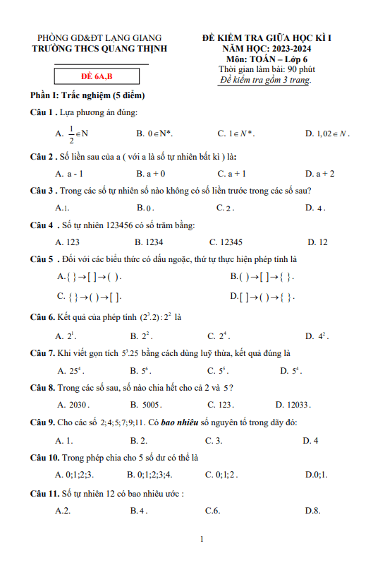 Đề giữa học kỳ 1 Toán 6 năm 2023 – 2024 trường THCS Quang Thịnh – Bắc Giang