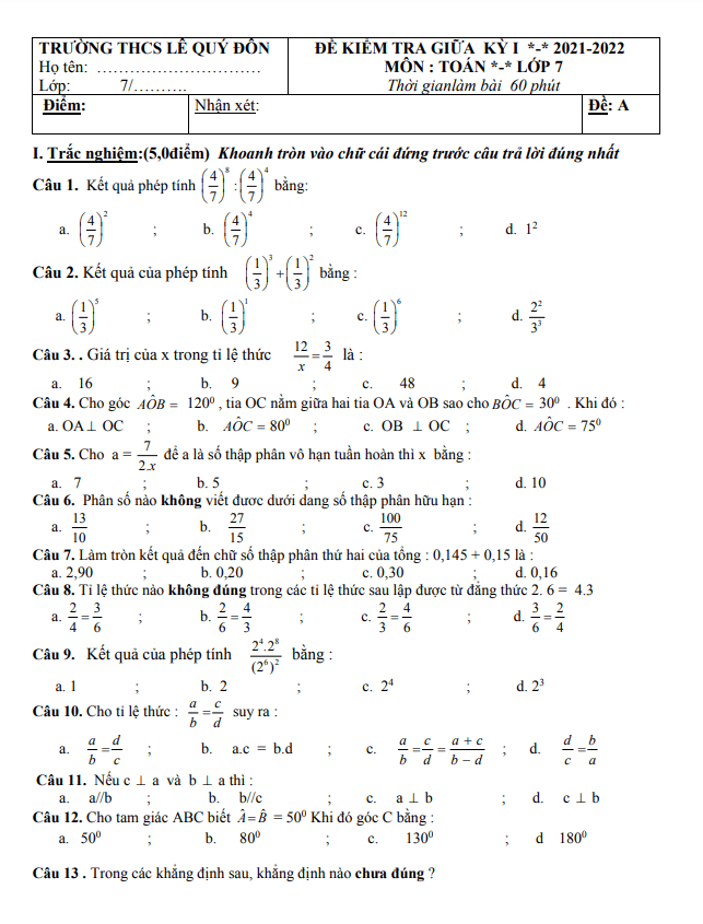 Đề giữa học kỳ 1 Toán 7 năm 2021 – 2022 trường THCS Lê Quý Đôn – Quảng Nam