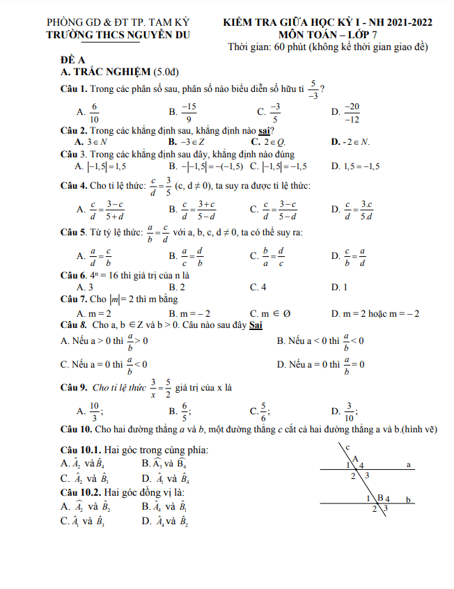 Đề giữa học kỳ 1 Toán 7 năm 2021 – 2022 trường THCS Nguyễn Du – Quảng Nam