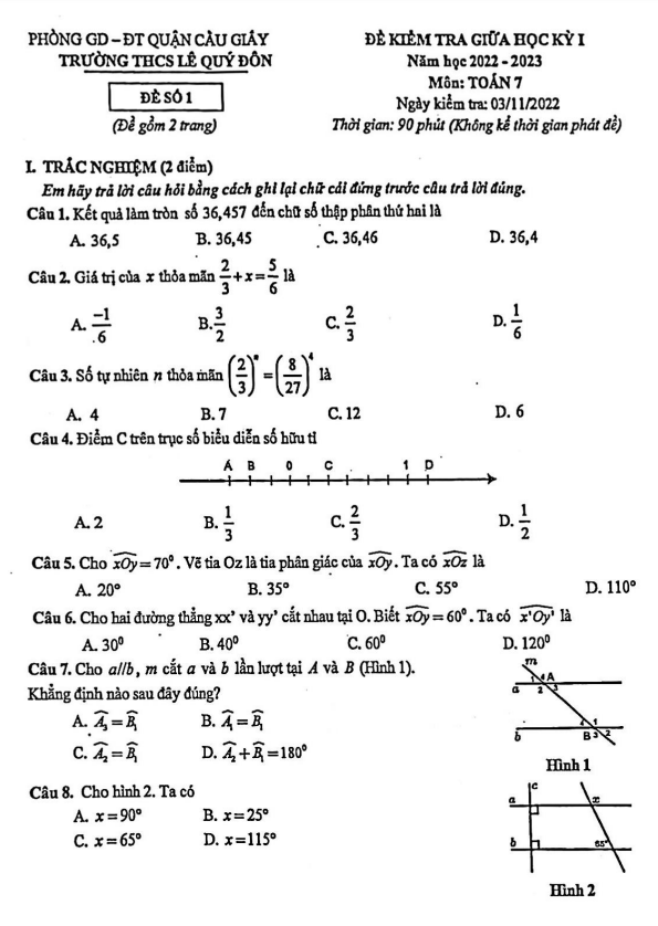 Đề giữa học kỳ 1 Toán 7 năm 2022 – 2023 trường THCS Lê Quý Đôn – Hà Nội