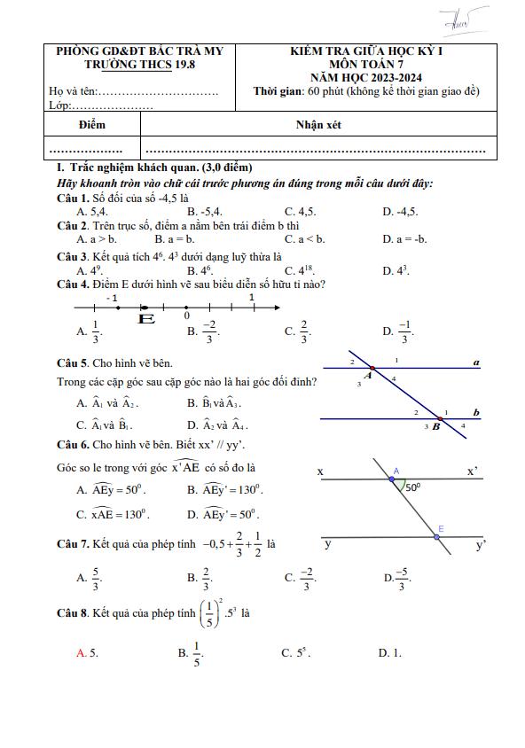Đề giữa học kỳ 1 Toán 7 năm 2023 – 2024 trường THCS 19.8 – Quảng Nam