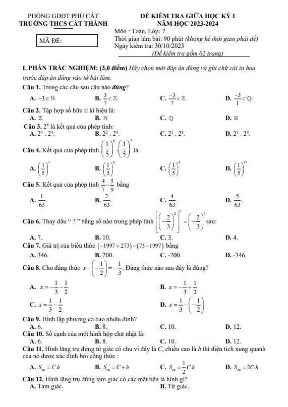 Đề giữa học kỳ 1 Toán 7 năm 2023 – 2024 trường THCS Cát Thành – Bình Định