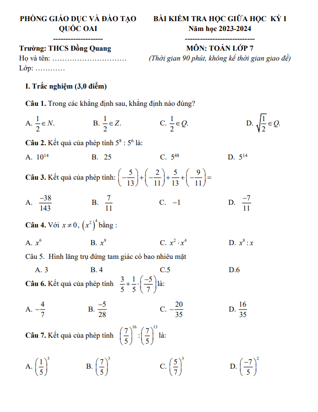 Đề giữa học kỳ 1 Toán 7 năm 2023 – 2024 trường THCS Đồng Quang – Hà Nội