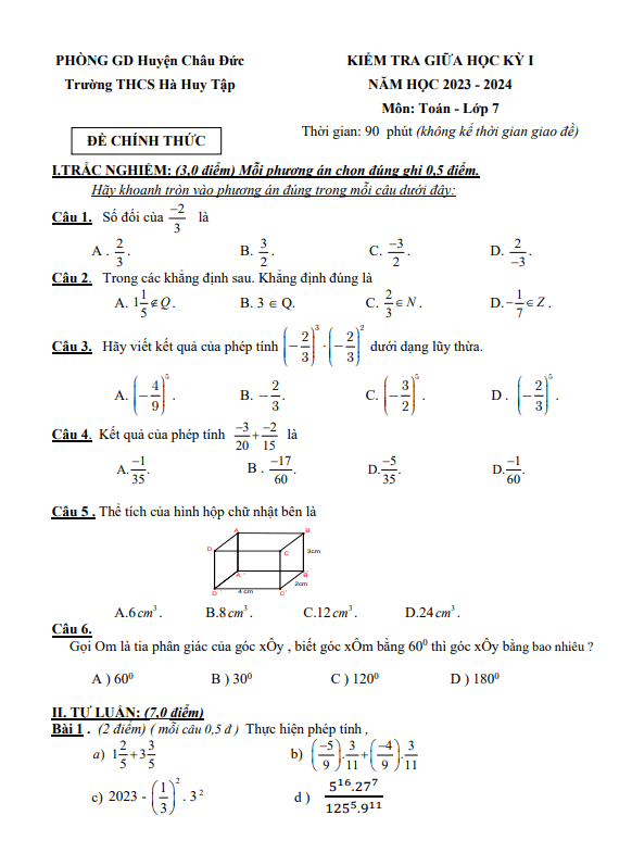 Đề giữa học kỳ 1 Toán 7 năm 2023 – 2024 trường THCS Hà Huy Tập – BR VT