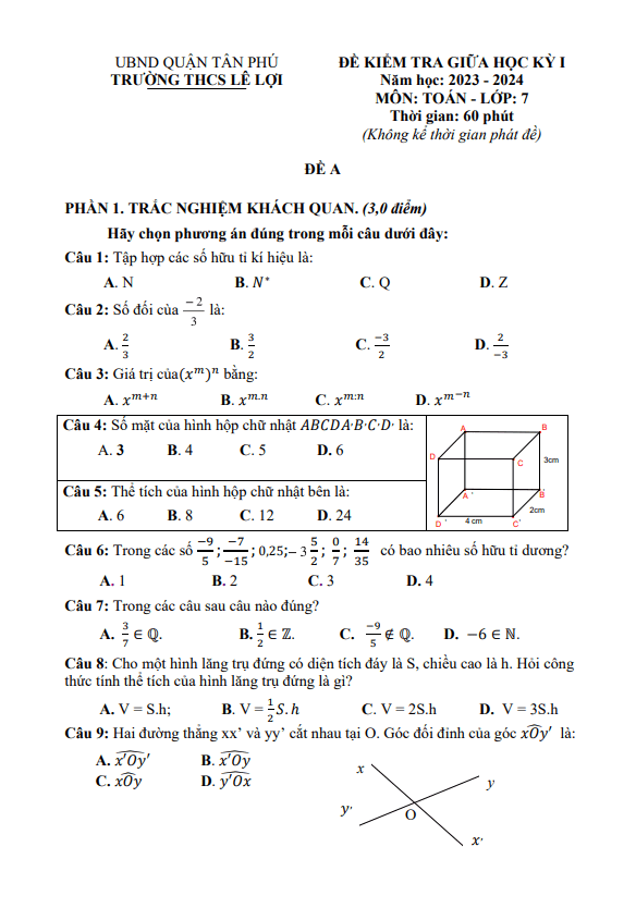 Đề giữa học kỳ 1 Toán 7 năm 2023 – 2024 trường THCS Lê Lợi – TP HCM