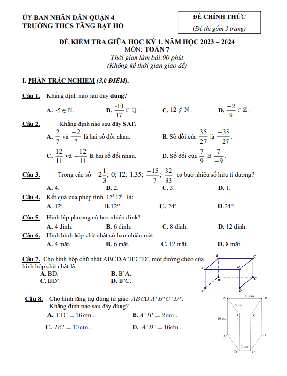 Đề giữa học kỳ 1 Toán 7 năm 2023 – 2024 trường THCS Tăng Bạt Hổ – TP HCM