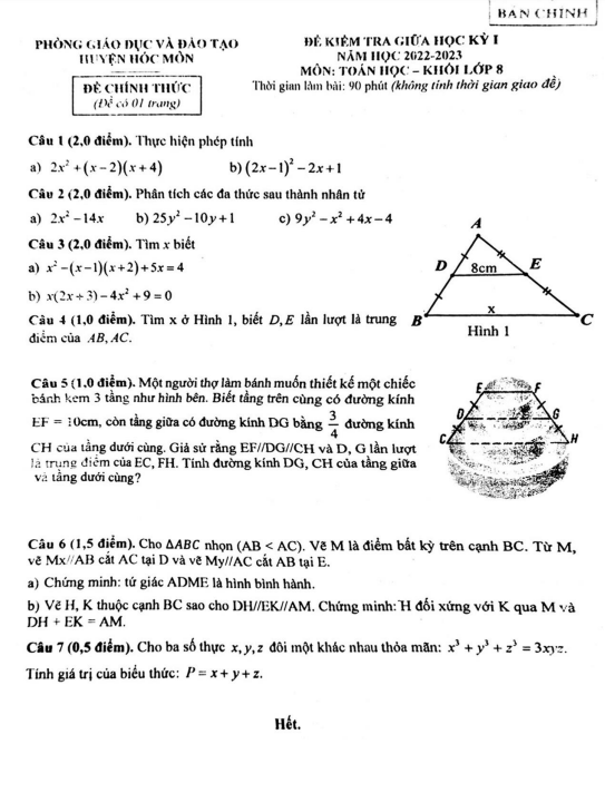 Đề giữa học kỳ 1 Toán 8 năm 2022 – 2023 phòng GD&ĐT Hóc Môn – TP HCM