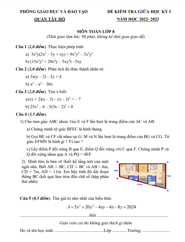 Đề giữa học kỳ 1 Toán 8 năm 2022 – 2023 phòng GD&ĐT Tây Hồ – Hà Nội