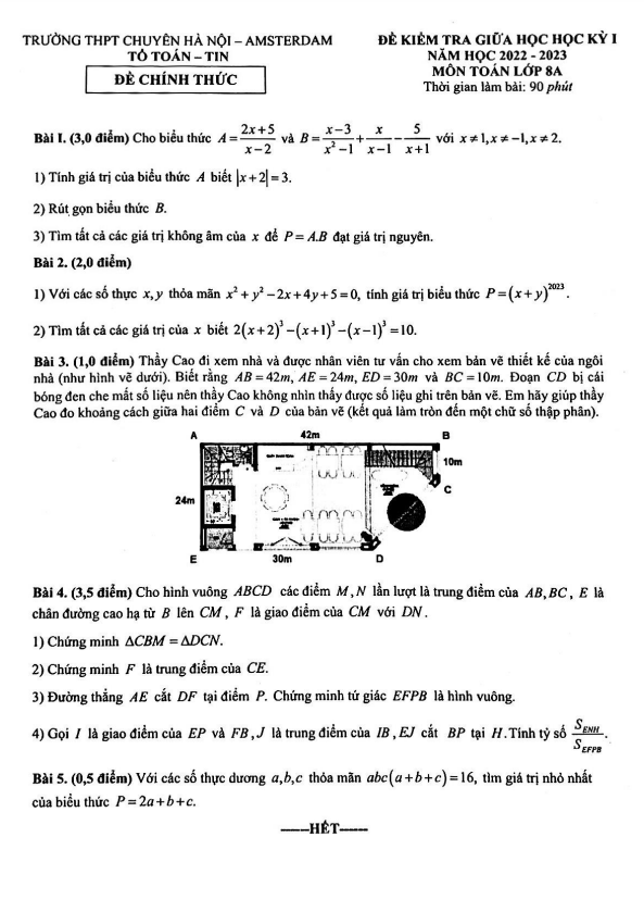 Đề giữa học kỳ 1 Toán 8 năm 2022 – 2023 trường chuyên Hà Nội – Amsterdam