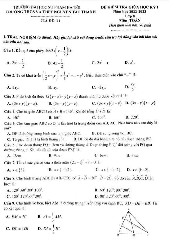 Đề giữa học kỳ 1 Toán 8 năm 2022 – 2023 trường Nguyễn Tất Thành – Hà Nội