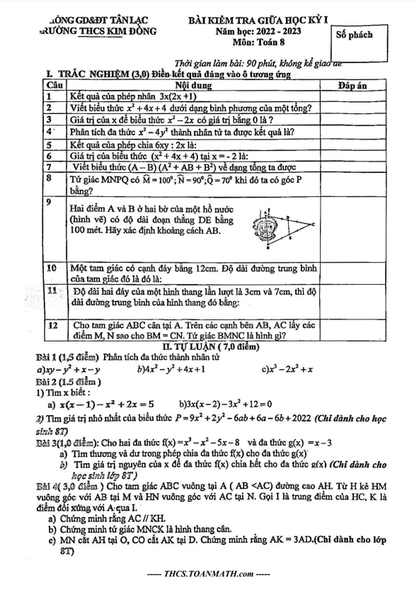 Đề giữa học kỳ 1 Toán 8 năm 2022 – 2023 trường THCS Kim Đồng – Hòa Bình