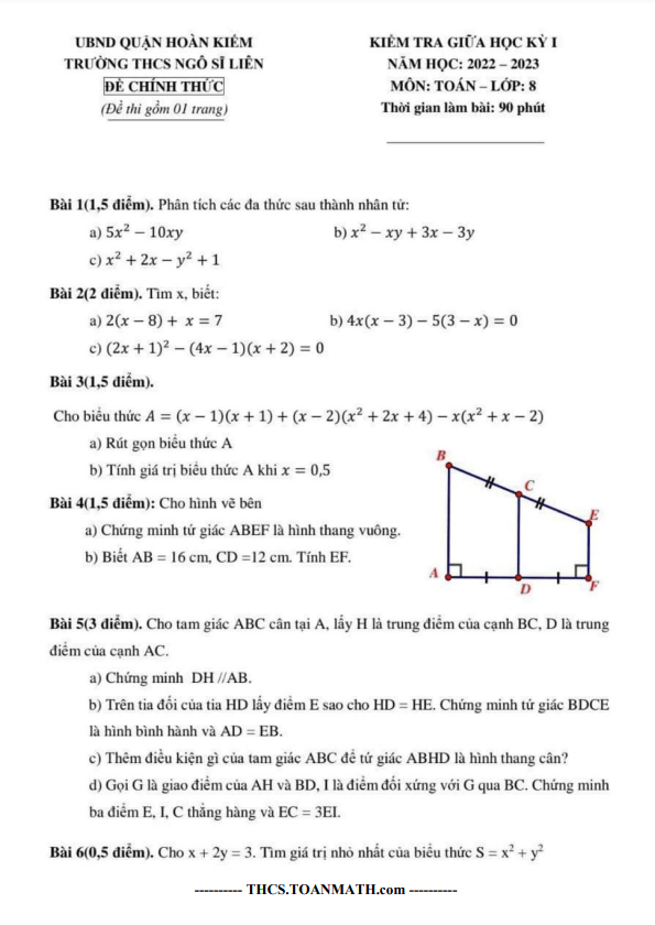 Đề giữa học kỳ 1 Toán 8 năm 2022 – 2023 trường THCS Ngô Sĩ Liên – Hà Nội