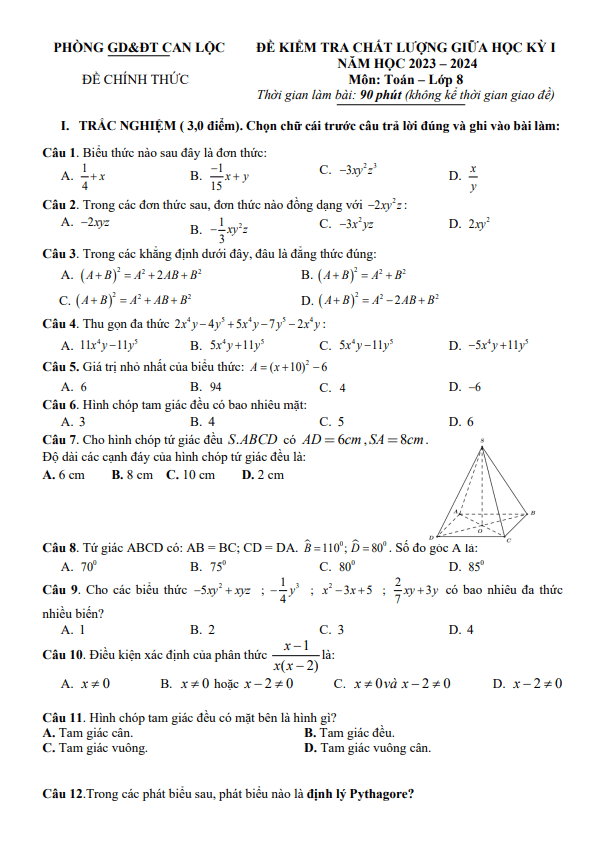 Đề giữa học kỳ 1 Toán 8 năm 2023 – 2024 phòng GD&ĐT Can Lộc – Hà Tĩnh